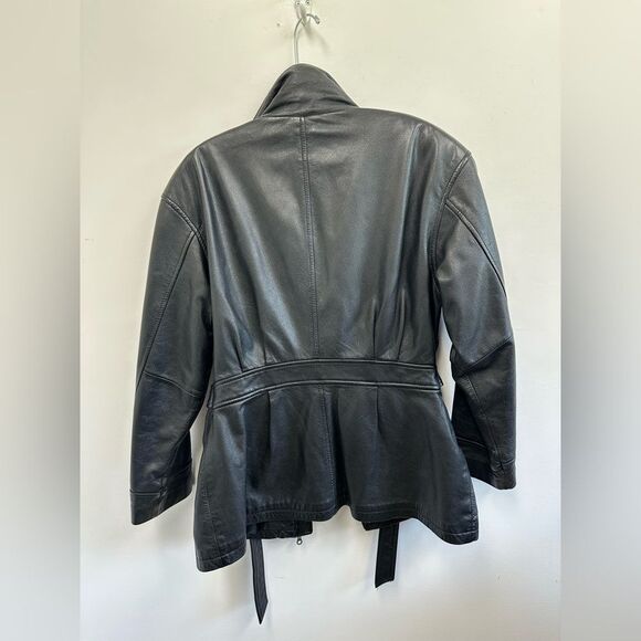 Jacqueline Ferrar 90's Vintage Black Leather Jacket Mid Length Waist Tie Size M - Picture 11 of 11